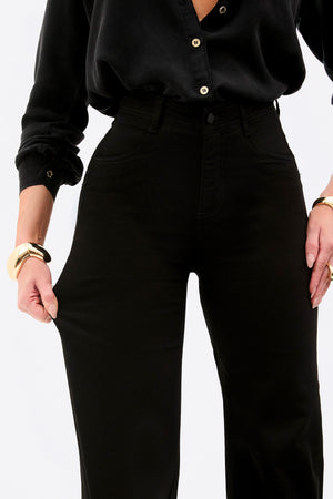 Calça Jeans Wide Leg Preta Cintura Média Preto Intenso