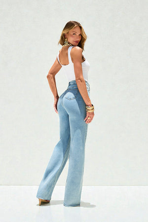 Calça Jeans Wide Leg Basic Cós Super Alto Barra Corte a Laser Clara