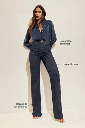 Calça Jeans Modeladora Fantástica Wide Leg Cós Super Alto Barra Corte a Laser