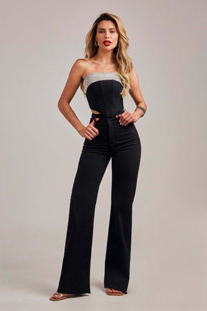 Calça Jeans Modeladora Wide Leg Preto Intenso Cós Super Alto