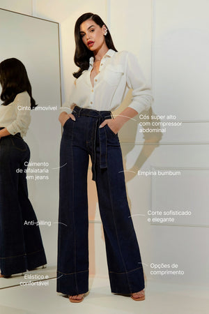 Calça Jeans de Rica Estilo Alfaiataria Tecnológica Wide Leg Cós Super Alto