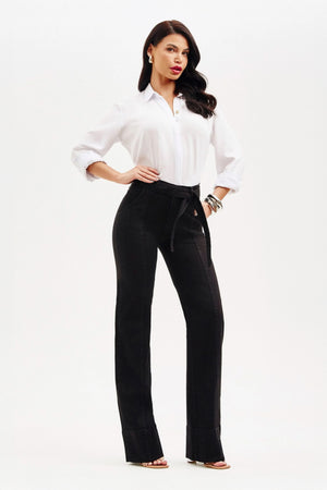 Calça Jeans de Rica Estilo Alfaiataria Tecnológica Wide Leg Preto Intenso Cós Médio