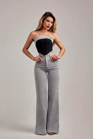 Calça Jeans Modeladora Wide Leg com Fenda Cinza Cristal