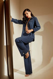 Calça Jeans Modeladora Wide Leg Com Fenda Azul Marinho Cós Super Alto