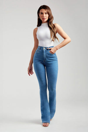 Calça Jeans Flare Clássica Cós Super Alto 99% Algodão