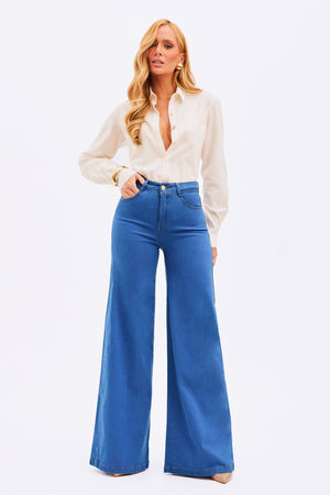 Calça Jeans Pantalona Modeladora Linea Cintura Média