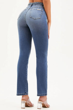 Calça Jeans Apaixonante Reta Jeans Médio Cós Alto