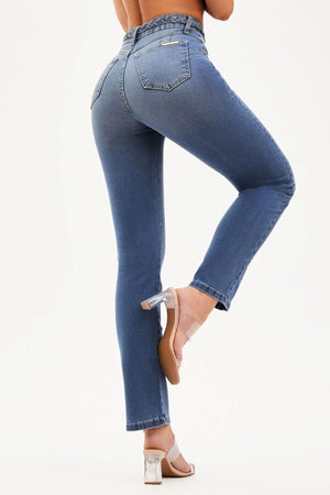 Calça Jeans Apaixonante Reta Jeans Médio Cós Alto