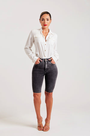 Shorts Jeans Modelador Ciclista Cinza Cós Super Alto