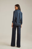 Calça Jeans Modeladora Wide Leg Com Fenda Azul Marinho Cós Super Alto