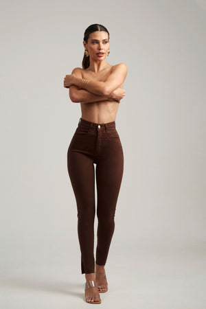 Calça Jeans Modeladora Skinny Coffee Cós Alto