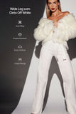 Calça Jeans de Rica Tecnológica Wide Leg Off White Cós Super Alto
