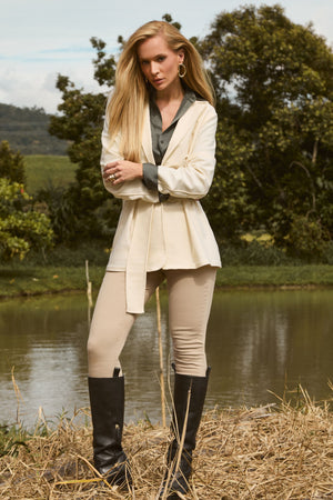 Calça Jeans Skinny Modeladora Cós Alto Nude