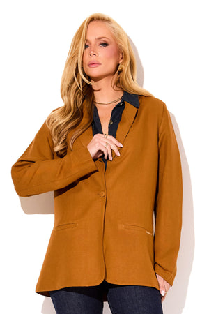 Blazer Feminino com Viscose e Linho Essence Ocre