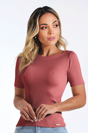 Blusa Canelada Premium Decote Canoa Rose
