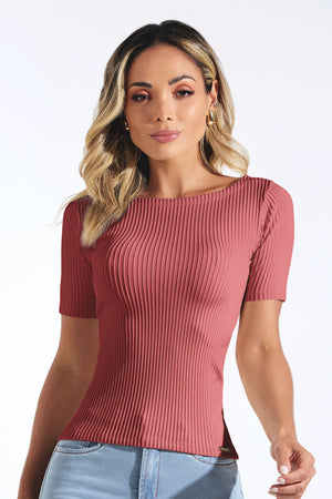 Blusa Canelada Premium Decote Canoa Rose