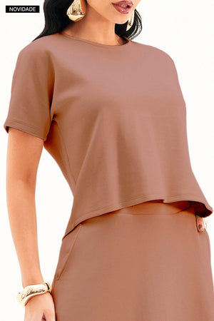 Blusa Ampla Manga Curta Comfort Office Mocha Mousse