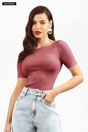 Blusa Canelada Premium Decote Canoa Rose