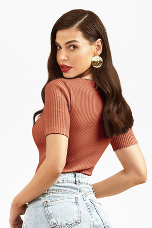 Blusa Canelada Premium Decote Canoa Terracota
