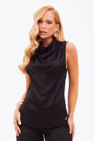Blusa em Viscose Acetinada com Gola Drapeada Essence Preta