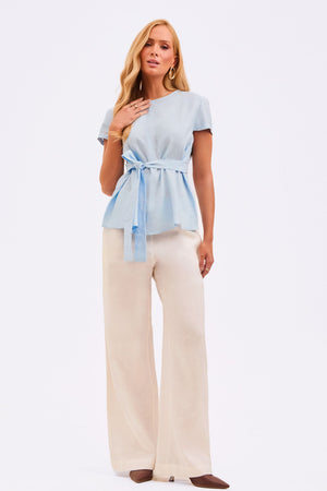 Blusa Feminina 100% Linho Manga Curta Azul Claro