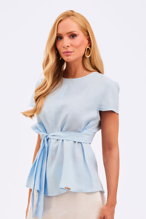 Blusa Feminina 100% Linho Manga Curta Azul Claro