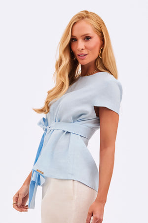 Blusa Feminina 100% Linho Manga Curta Azul Claro