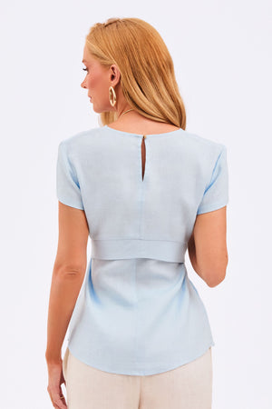 Blusa Feminina 100% Linho Manga Curta Azul Claro