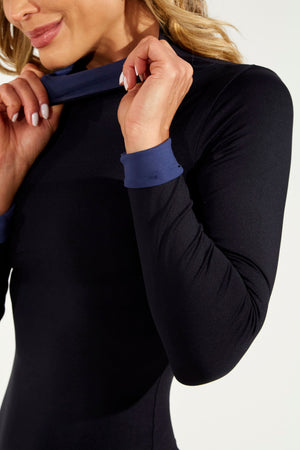 Body Curve Gola Alta Manga Longa Dupla Face Preto com Azul Marinho