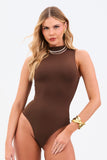 Body Gola Alta Sem Manga Dupla Face Térmico Coffee com Nude