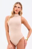 Body Gola Alta Sem Manga Dupla Face Térmico Coffee com Nude