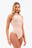 Body Gola Alta Sem Manga Dupla Face Térmico Coffee com Nude