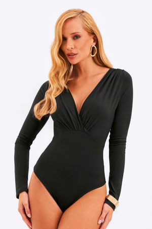 Body Decote Transpassado Manga Longa Curve Preto