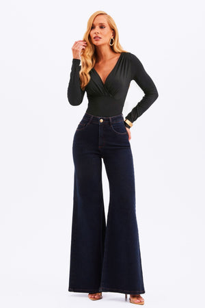 Body Decote Transpassado Manga Longa Curve Preto