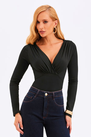 Body Decote Transpassado Manga Longa Curve Preto