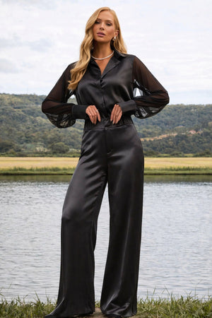 Calça Pantalona de Viscose Acetinada Essence Preta