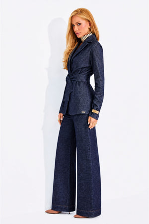 Calça Wide Leg Estilo Alfaiataria Jeans Escuro