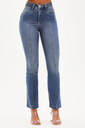 Calça Jeans Apaixonante Reta Jeans Médio Cós Alto