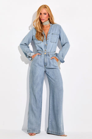 Calça Pantalona de Liocel Aura Jeans Claro Cintura Super Alta
