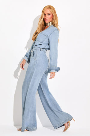 Calça Pantalona de Liocel Aura Jeans Claro Cintura Super Alta