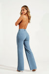 Calça Jeans Modeladora Wide Leg com Fenda Azul Capri