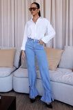Calça Jeans Modeladora Wide Leg Com Amarração Cós Médio