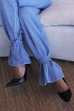 Calça Jeans Modeladora Wide Leg Com Amarração Cós Médio