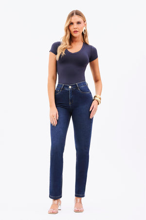 Calça Jeans Curva dos Sonhos Reta Cós Médio Jeans Escuro