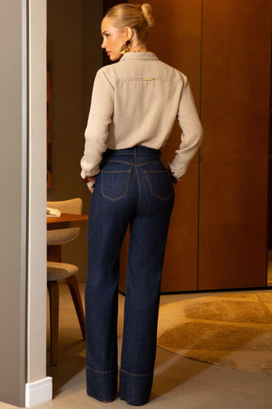 Calça Jeans de Rica Tecnológica Wide Leg Cós Super Alto