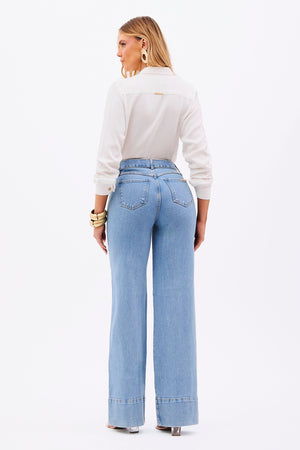 Calça Jeans de Rica Estilo Alfaiataria Tecnológica Wide Leg Basic Cós Super Alto