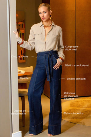 Calça Jeans de Rica Tecnológica Wide Leg Cós Super Alto