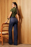 Calça Jeans de Rica Estilo Alfaiataria Tecnológica Wide Leg Cós Super Alto Jeans Escuro