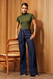 Calça Jeans de Rica Estilo Alfaiataria Tecnológica Wide Leg Cós Super Alto Jeans Escuro