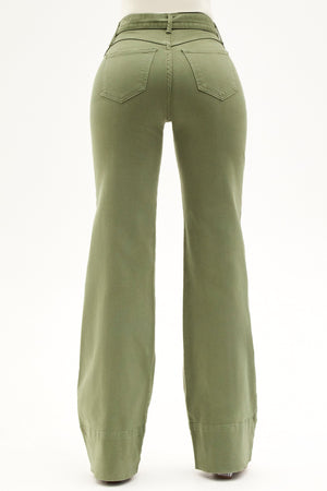 Calça Jeans de Rica Tecnológica Wide Leg Verde Militar Cós Alto
